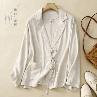 Real Shot of 2025 Spring & Fall National Style Button Suit for Women Pure Color Retro Literary Long-Sleeved Jacket Top