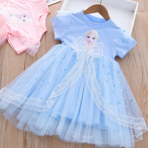 Girls Summer Dress 2024 New Style Bingbing Elsa Princess Dress Children's Puffy Mesh Dress