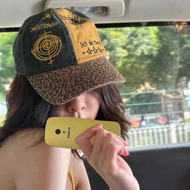 韩国小众设计师款拼色豹纹做旧水洗棒球帽男女街头辣妹潮牌鸭舌帽