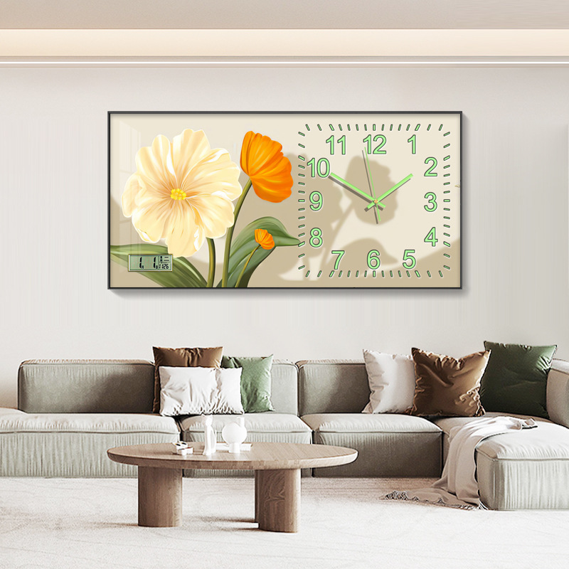 Crema estilo aleación de aluminio reloj moderno minimalista flor pintura decorativa Reloj de pared sofá Fondo pared pintura Reloj de pared