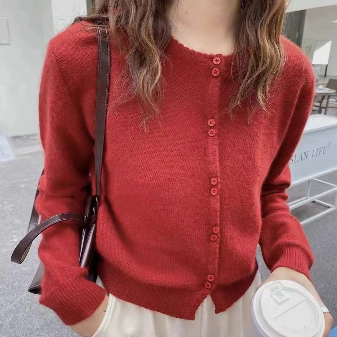 Осенне-Зимний новый кардиган из чистой шерсти с круглым вырезом, Женский вязаный Топ для похудения, мягкий вощистый короткий свитер, уменьшающий возраст