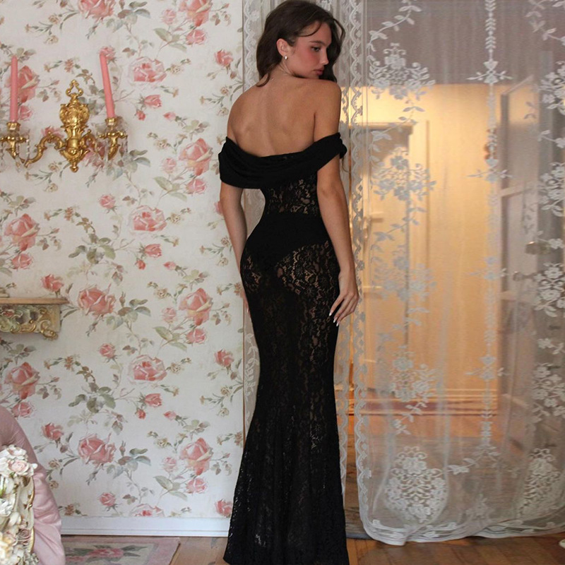 Black Sheer Lace Off Shoulder Maxi Dress Image 3