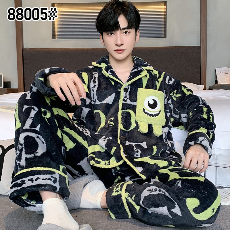 가을과 겨울 산호 양털 파자마 남자의 두꺼운 기모 플란넬 따뜻한 옷깃 플러스 사이즈 청소년 홈 의류 세트