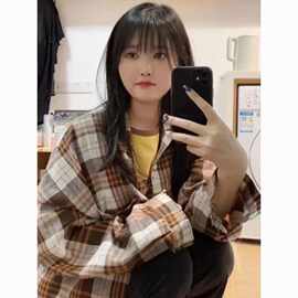 复古chic高档卡其色格子衬衫外套女秋冬款韩系慵懒风长袖衬衣外穿