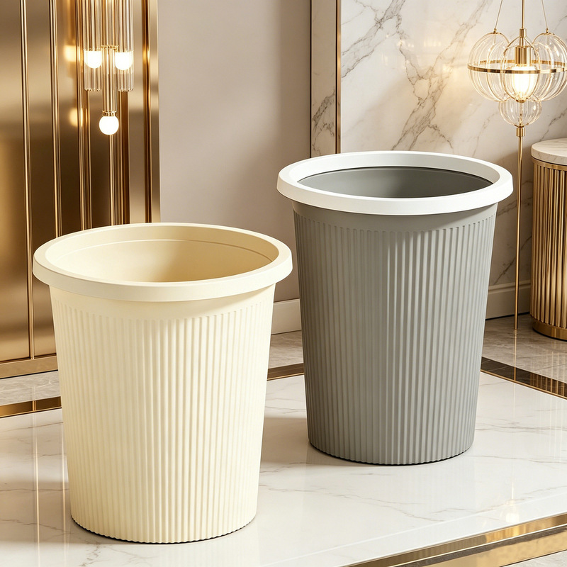 Household trash can with pressure ring, round, lidless, simple and stylish, suitable for living room, kitchen, and bathroom, made of plastic Household trash can with pressure ring, round, lidless, simple and stylish, suitable for living room, kitchen, and bathroom, made of plastic