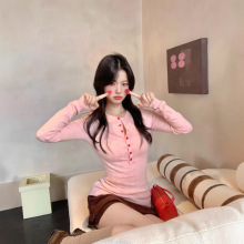 小仙倪子圆领毛衣女冬季少女感叠穿内搭针织衫绝美粉红撞色小上衣