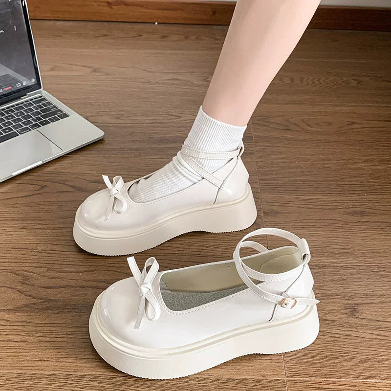 Japanese summer footwear with bow platform for leather shoes, shoes, for teenagers