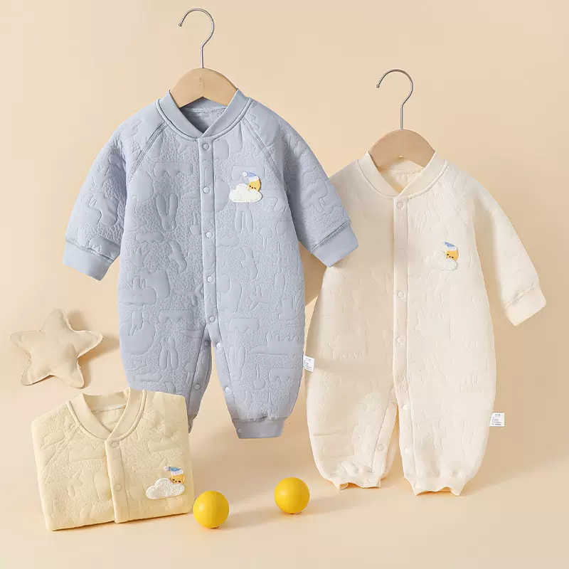 婴儿秋冬衣服宝宝三层保暖连体衣新生儿产房夹棉对开保暖哈衣爬服