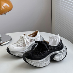 蕾絲鏤空網紗透氣老爹鞋女2024春夏新款小個子增高厚底運動休閒鞋