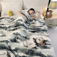 水墨印染抽条毛毯空调沙发午睡毯子四季通用卧室多功能保暖盖毯