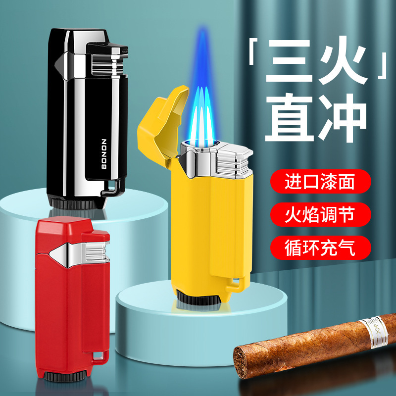 Metal paint surface three fire direct cigar inflatable lighter blue flame large fire windproof roulette adjustment factory direct sales