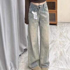 复古水洗黄泥色阔腿牛仔裤女春秋季高腰宽松毛边直筒拖地长裤子潮