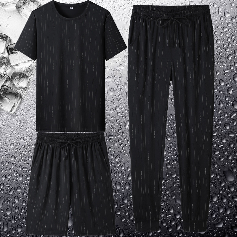 Verano nuevo traje deportivo de hombre delgado pantalones cortos de mangas cortas negras rayas de hielo para hombres tres piezas de manga corta
