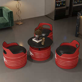工业风酒吧桌椅组合 网红创意复古铁艺油桶咖啡厅小清吧卡座沙发
