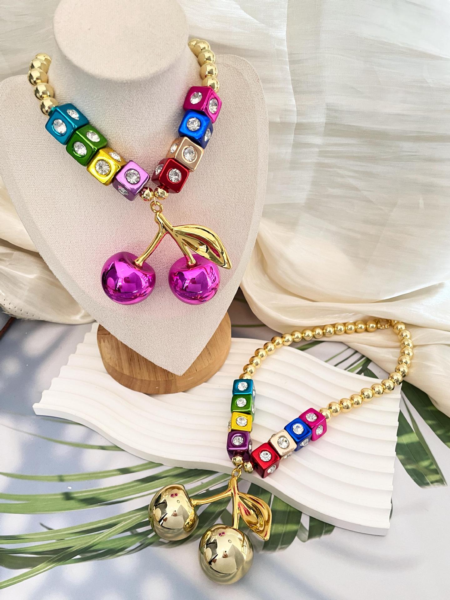 1 Piece Quantity Holiday Occasion Exaggerated Vacation Cherry Alloy Beaded Chain Beaded Necklaces Wholesale
