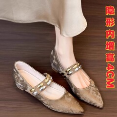 现货~34-42码复古玛丽珍鞋尖头水钻芭蕾舞单鞋内增高4cm铆钉女鞋