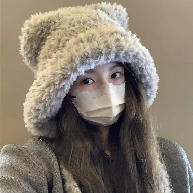 クマのニット帽、かわいいウールのぬいぐるみ、女性の秋冬の万能韓国版、暖かいぬいぐるみ、大きな頭囲、小さな顔|undefined