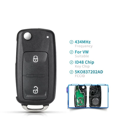 Suitable for Volkswagen 2-button 3-button folding remote control car key 5K0837202ad 434MHz ID48 chip (Car Keys) - 2-keys