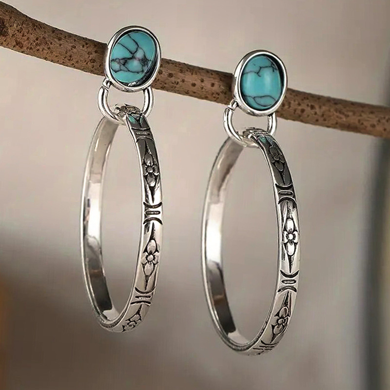 Cao Shi Foreign Trade European and American Earrings: Round Carved Inlaid Oval Imitation Turquoise Earrings, Bohemian Style Vintage Hoop Earrings