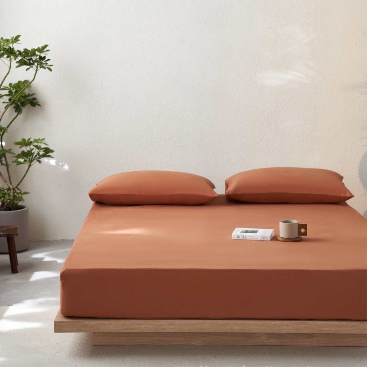 Juego de Ropa de Cama de Algodón Cepillado de Color Sólido, Estilo Japonés, Color Crema, Sábanas Ajustables de Algodón Puro, Juego de Tres Piezas.