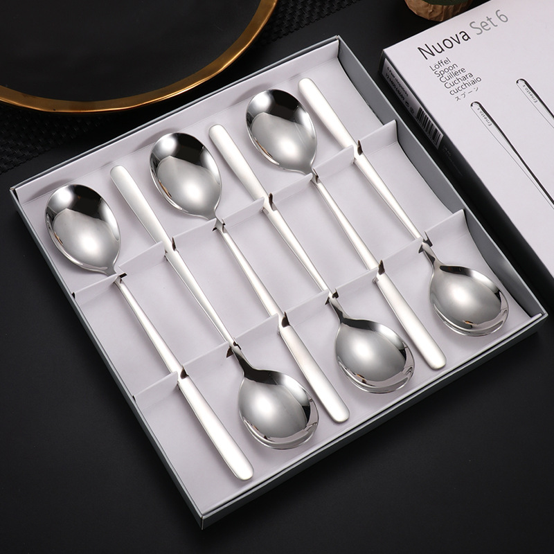 304 cuchara de acero inoxidable cuchara de postre coreano tenedor café mango largo cuchara mezcladora vajilla de acero inoxidable caja de regalo de 6 piezas