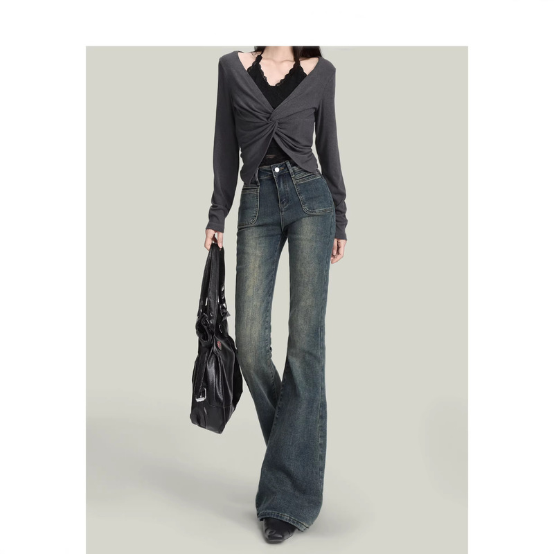 Forever21 New Style Hot Girl Cement Gray Slim Fit Micro-Flare Jeans for Women Elastic High-Waisted Pear-Shaped Bootcut Pants