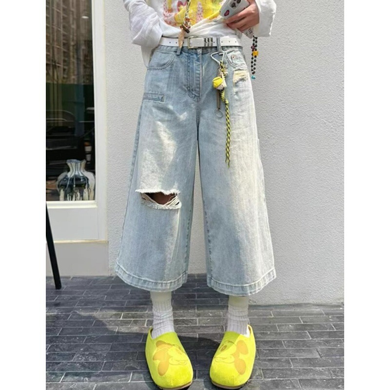 Vintage Ripped Cropped Jeans for Women, Summer New High-Waisted Wide-Leg Shorts, Plus-Size Versatile Straight Pants