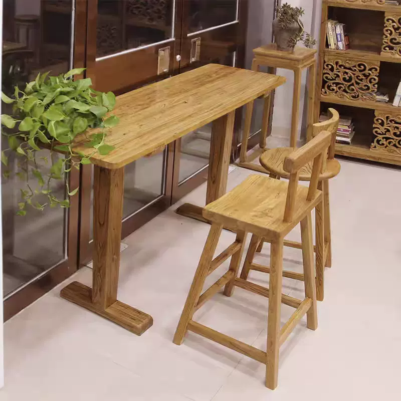 全实木吧台桌椅家用靠背吧椅简约高脚凳子酒吧奶茶店老榆木高脚椅