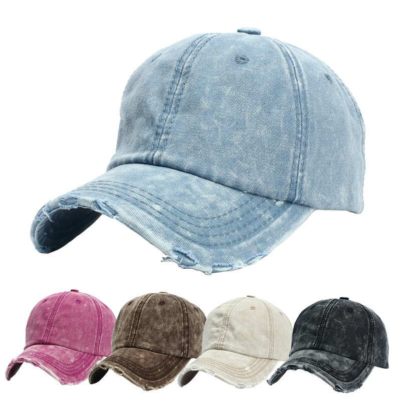 Cross-Border Men's and Women's Ripped Peaked Caps, Trendy and Fashionable Washed Cotton Ripped Denim Baseball Caps, Simple Light Plate Hats