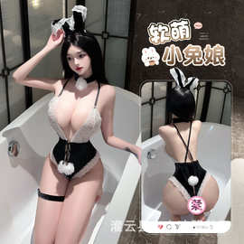 夜之迷情趣内衣女蕾丝丝绒拼接绑带连体衣免脱兔女郎制服套装8511