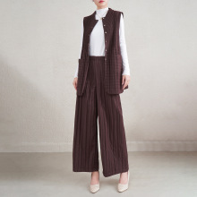 三宅风中长款薄棉马甲背心搭配一整套格纹肌理感马甲长裤棉套装女