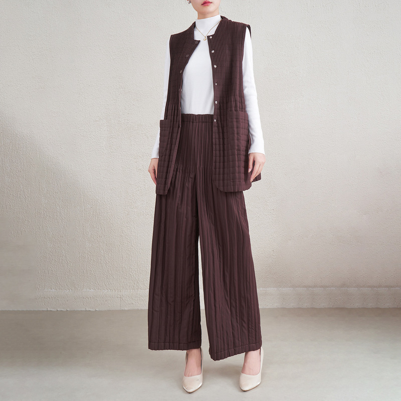 Miyake Style Mid-Length Thin Cotton Vest with a Set of Plaid Texture Vest and Pants Cotton Suit for Women
