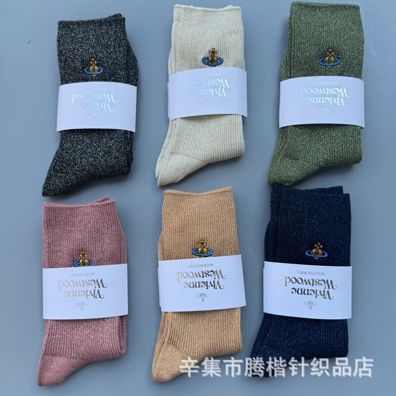Japanese Empress Saturn Embroidered Glittery Mid-Calf Socks Double Needle Retro Style Slimming Women's Socks Calf-Length Socks Stacked Socks