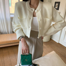 金韩韩国小香风针织开衫女2025秋冬新款百搭圆领口袋毛衣短款包邮