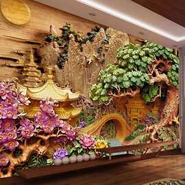 8D立体仿浮雕假山壁画客厅中式迎客松电视背景墙纸3D山水墙布壁纸