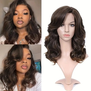 Cross-Border Trade Wig for Women, Short Wavy Hair, Lace Front, Side Parting, 16inch Bobwavy Retro Style