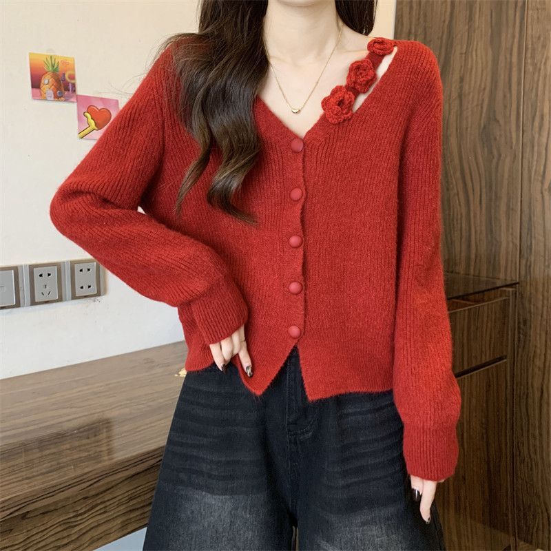 Casual Style Women's Sweater Coat for Spring and Autumn, French Gentle Style with Three-Dimensional Floral Hollow Design, V-Neck, Soft and Cozy Long-Sleeve Cardigan Top