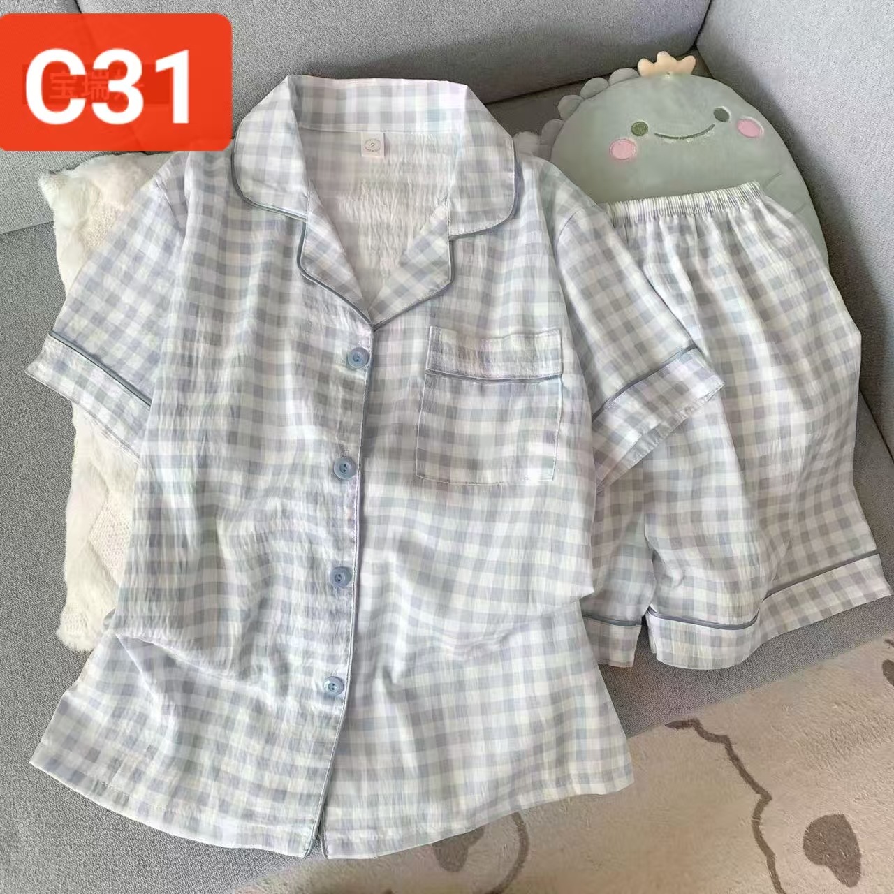 Al por mayor transfronterizo pantalones cortos de manga corta nubes pijamas de algodón de dibujos animados lindos cardigan con solapa primavera y otoño set de ropa para el hogar
