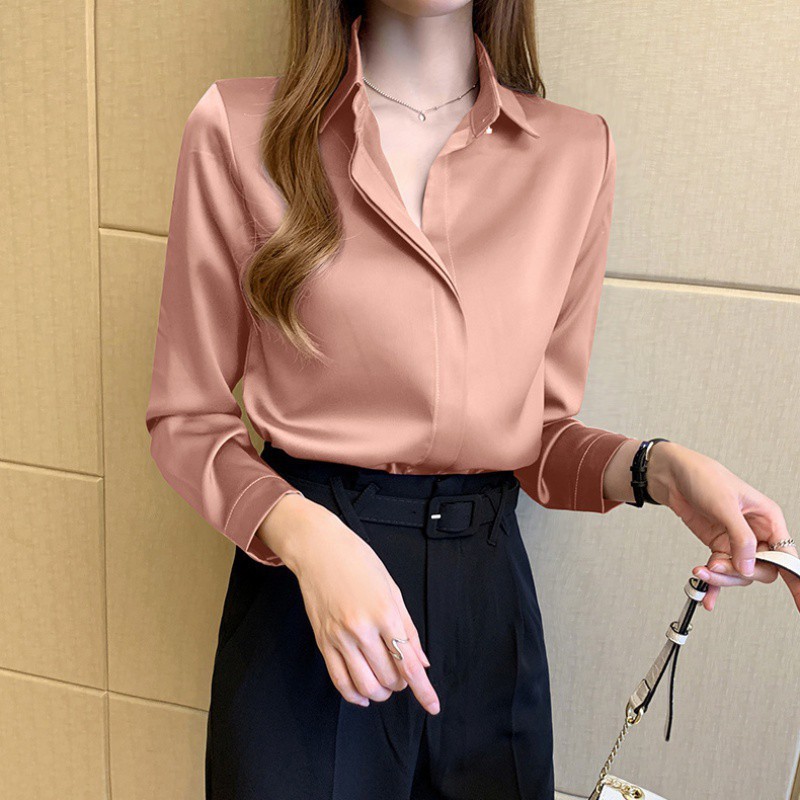 杭州のシルクのシャツの女性の長袖の春秋服の新型の绢糸の上着の白い職業は底のシャツの女性を詰めます。|undefined