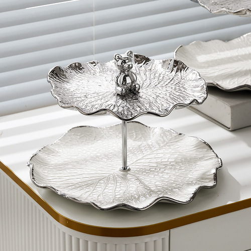 Small Bear Silver-Edge Silver Light Luxury Decor Fruit Plate Ceramic Multi-Layer String Plate Dessert Stand Cake Fruit Plate Home Living Room