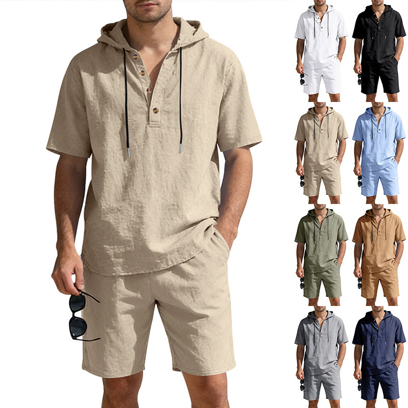 Cross-Border European and American Men's Linen Casual Loose Short-Sleeved Hooded Shirt and Shorts Set Cotton and Linen Breathable Foreign Trade New Style Cross-Border European and American Men's Linen Casual Loose Short-Sleeved Hooded Shirt and Shorts Set Cotton and Linen Breathable Foreign Trade New Style