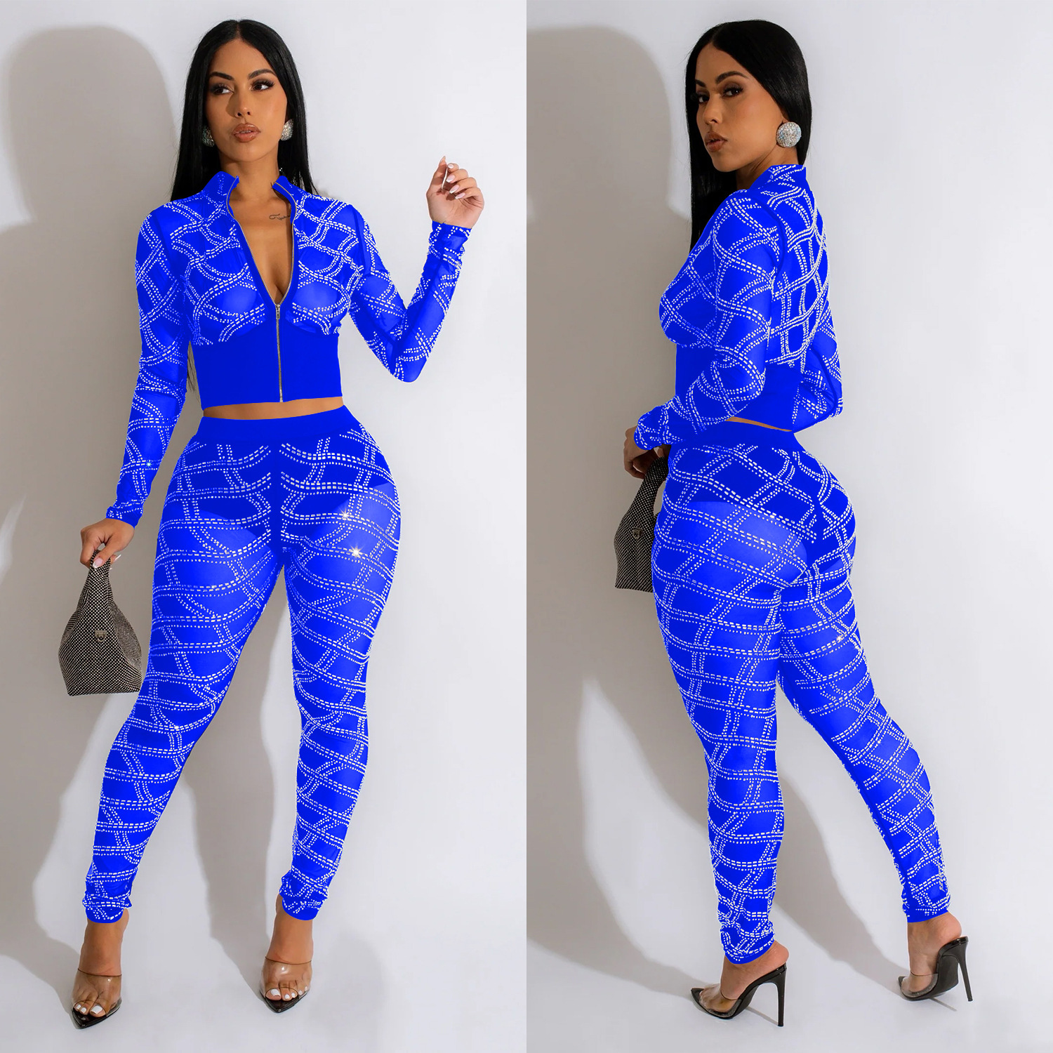 C6548 transfronteriza AliExpress Amazon ropa de mujer de moda europea y americana malla de color sólido rhinestone pantalones de manga larga conjunto de dos piezas