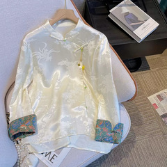 新中式白色衬衫女2025新款缎面国风中式内搭衬衣唐装盘扣醋酸上衣