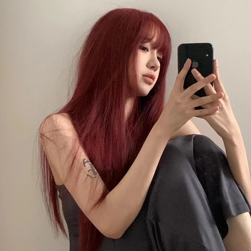 Connie feminino cabeça cheia franja de ar vermelho natural na moda falso humano doce longo peruca de cabelo reto