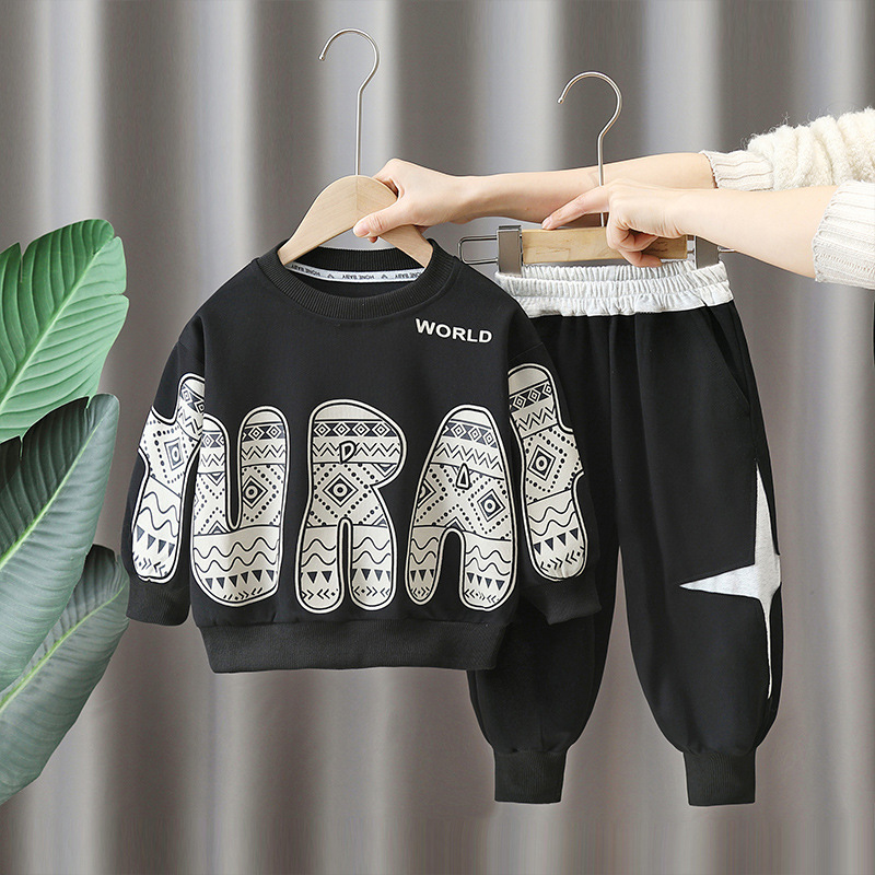 7625 traje de suéter negro para niños 2025 nuevo traje deportivo de dos piezas de primavera casual ropa para niños de moda