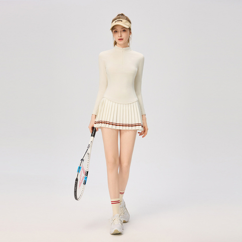 Tenis delgado, falda de bolsillo, plegado deportivo alto elástico, falda corta de dos piezas, cremallera de cuello alto, camisa deportiva de manga larga, mujer