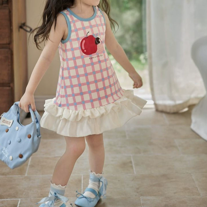 Летнее платье для девочек детское иностранное детское персонализированный бренд корейская версия цветного шитья клетка кружева принцесса юбка