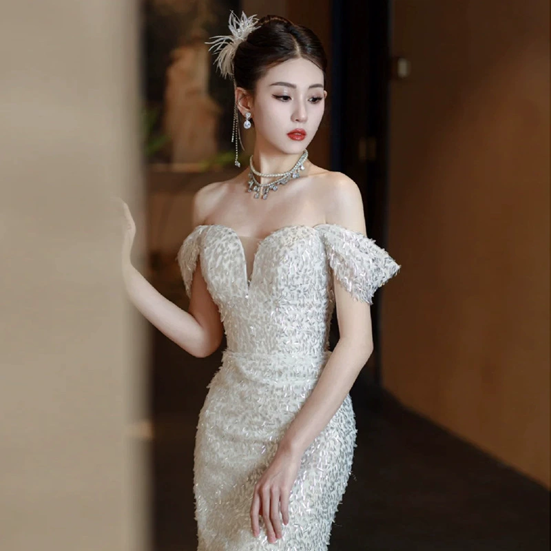 Свадебное платье, ногтевые sequins, французский стиль, выкройка «fish tail», открытые плечи, большой размер