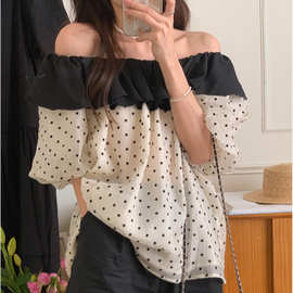 韩版荷叶边一字肩撞色波点雪纺微透衬衫夏季宽松套头灯笼袖上衣女