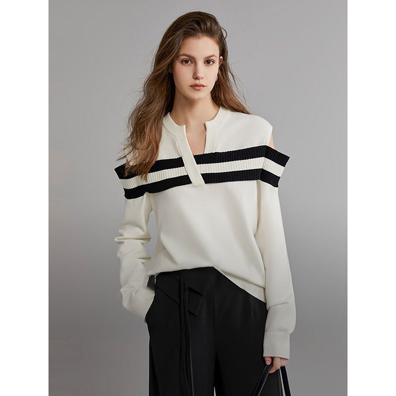 拉夏贝尔法式露肩条纹针织衫女2024年秋季V领显瘦长袖上衣潮欧美
